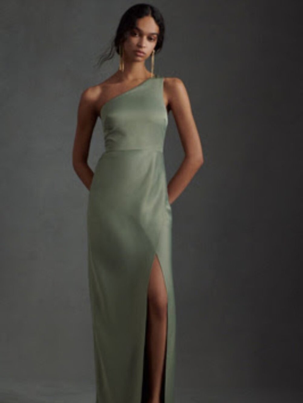 BHLDN Dylan One-Shoulder Satin Side-Slit Gown; Size: 0 US; Color: Moss